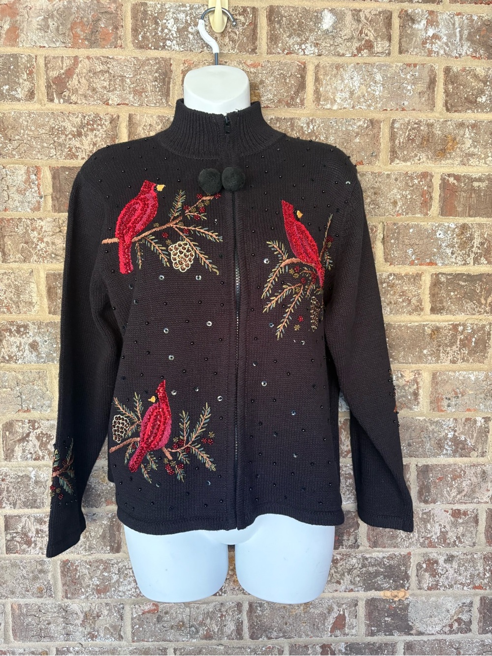 Vintage Beaded Cardinal Embroidered Zip Up Novelty Holiday Cardigan Sweater PXL